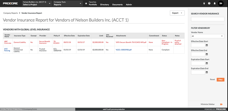 Tracking Insurance in Procore