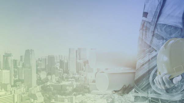 A double exposure image showing a city skyline overlaid with the image of a construction worker holding blueprints and a hard hat.