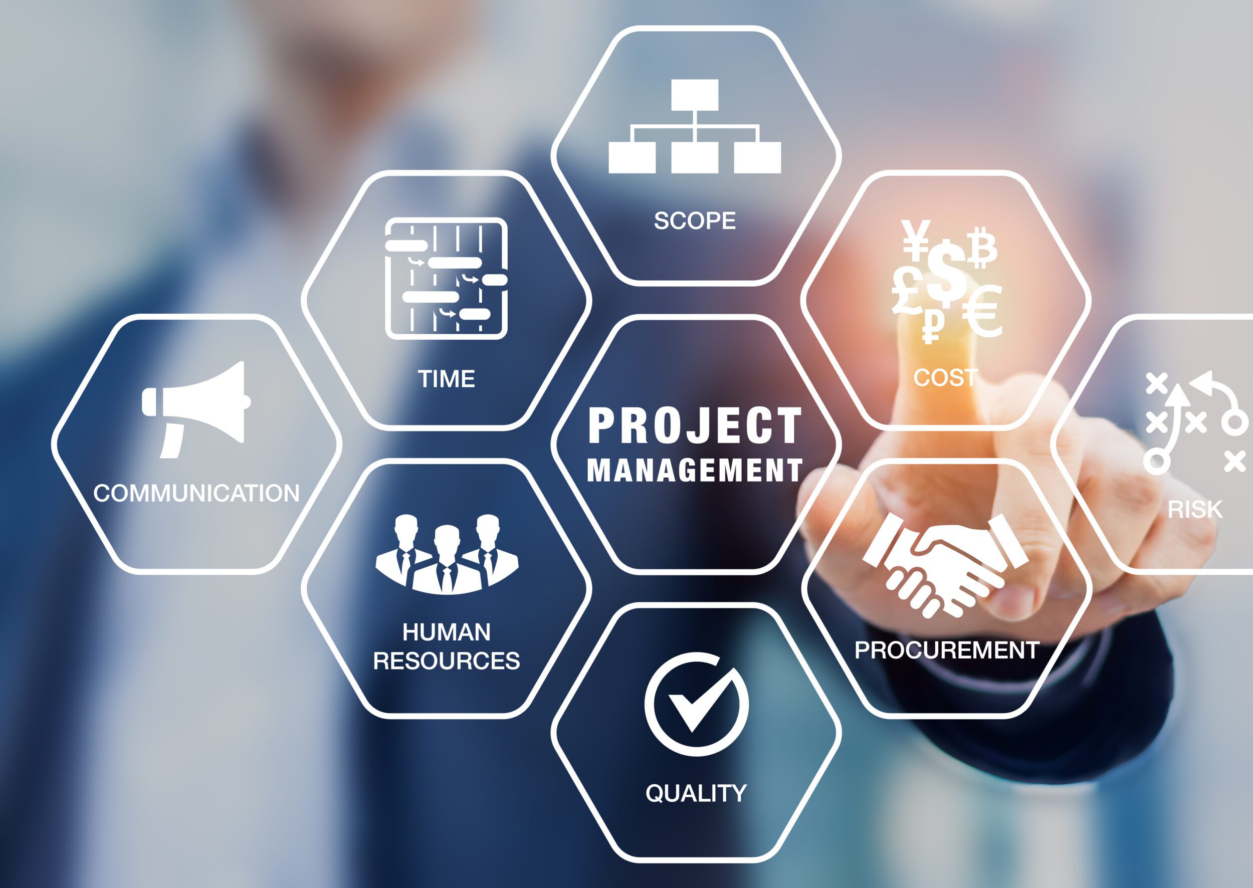 Businessman pointing at a digital interface with hexagonal icons displaying key aspects of project management, including communication, time, human resources, scope, cost, risk, procurement, and quality.