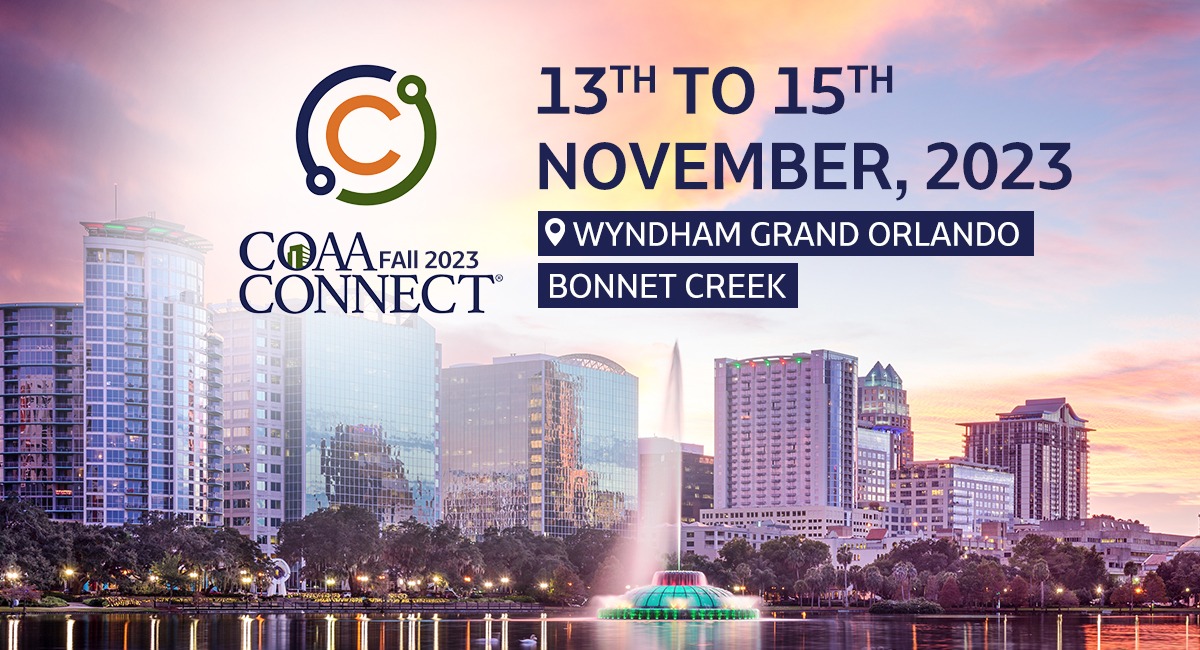 "Promotional image for COAA Fall 2023 Connect event, happening 13th to 15th November, 2023 at Wyndham Grand Orlando, Bonnet Creek. The backdrop features a skyline view with a fountain in the foreground and pink-hued sunset."