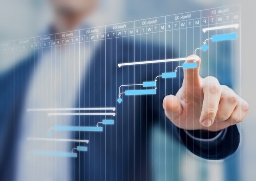 Businessman analyzing critical path in project using Critical Path Method (CPM) flowchart.