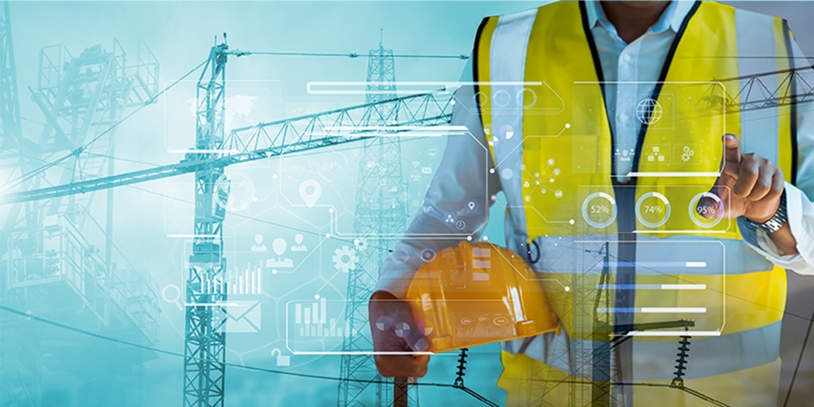 A construction worker wearing a yellow reflective vest with digital holographic interface displays of graphs, charts, and statistics in front of an industrial construction site with cranes.