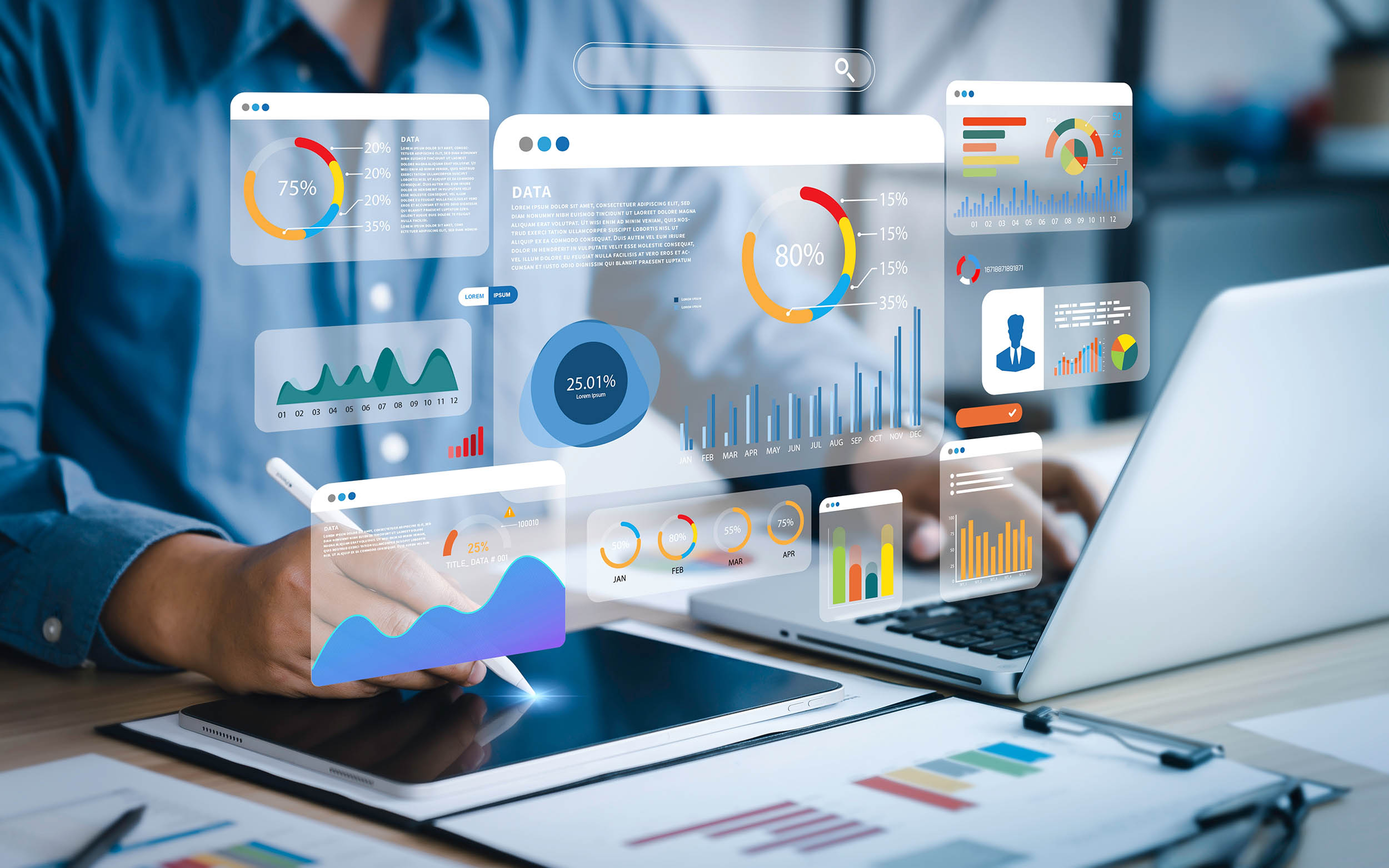 An project manager uses a computer and dashboard for data business analysis and Data Management System with KPI and metrics connected to the database for technology finance, operations, sales, marketing