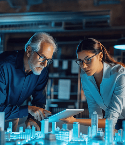 Two Project management consultants standing over a table with a luminous 3D city model, one holding a digital tablet and both seemingly engaged in a discussion about the project management.