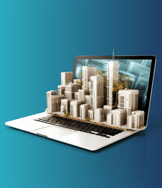 A laptop with a three-dimensional cityscape model emerging from the screen, against a blue background.