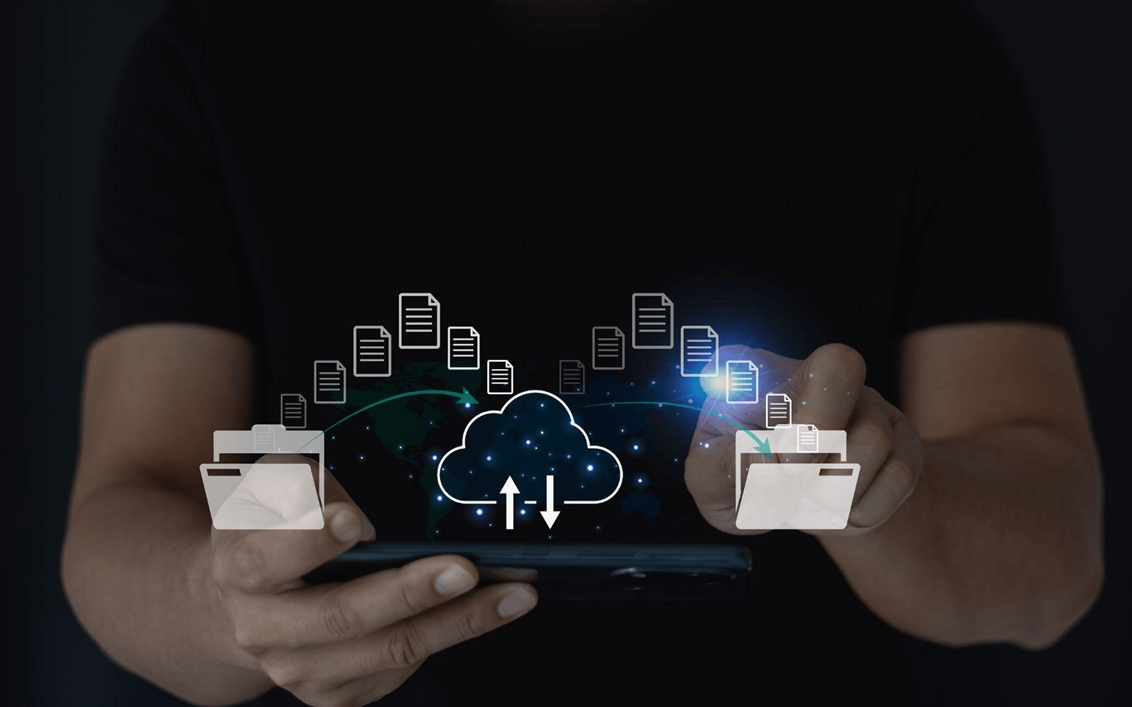 A person holding a smartphone with a graphic of a cloud surrounded by documents floating above it, representing cloud storage technology.