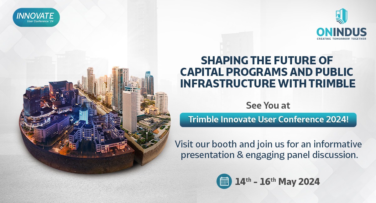 Promotional graphic for Trimble Innovate User Conference 2024, featuring a cityscape wrapped around a circular platform with text: "Shaping the future of capital programs and public infrastructure with Trimble. See you at Trimble Innovate User Conference 2024! Visit our booth and join us for an informative presentation & engaging panel discussion. 14th - 16th May 2024".