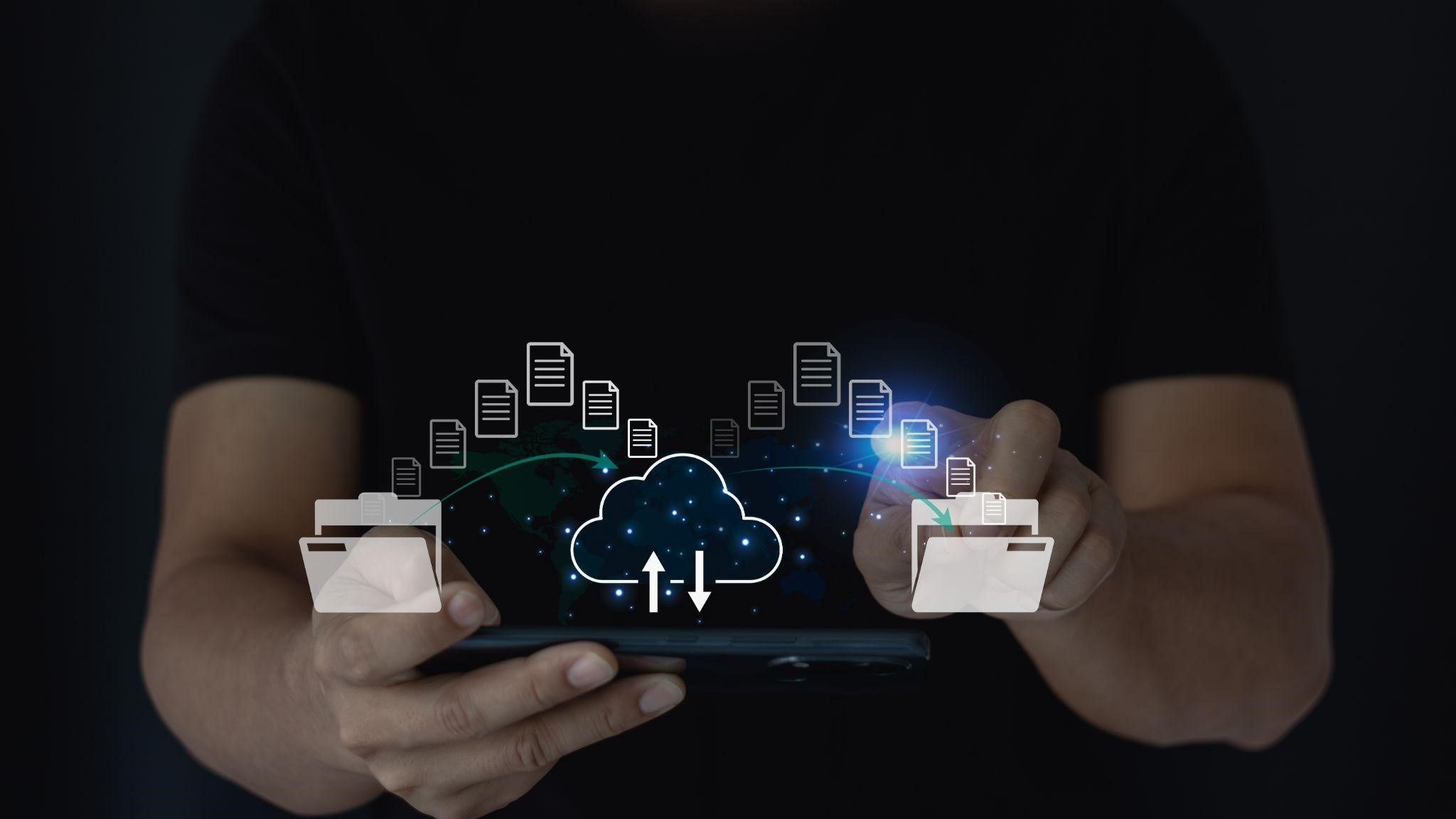 Cloud technology for seamless data migration and integration. Smartphone displaying cloud storage with file icons.
