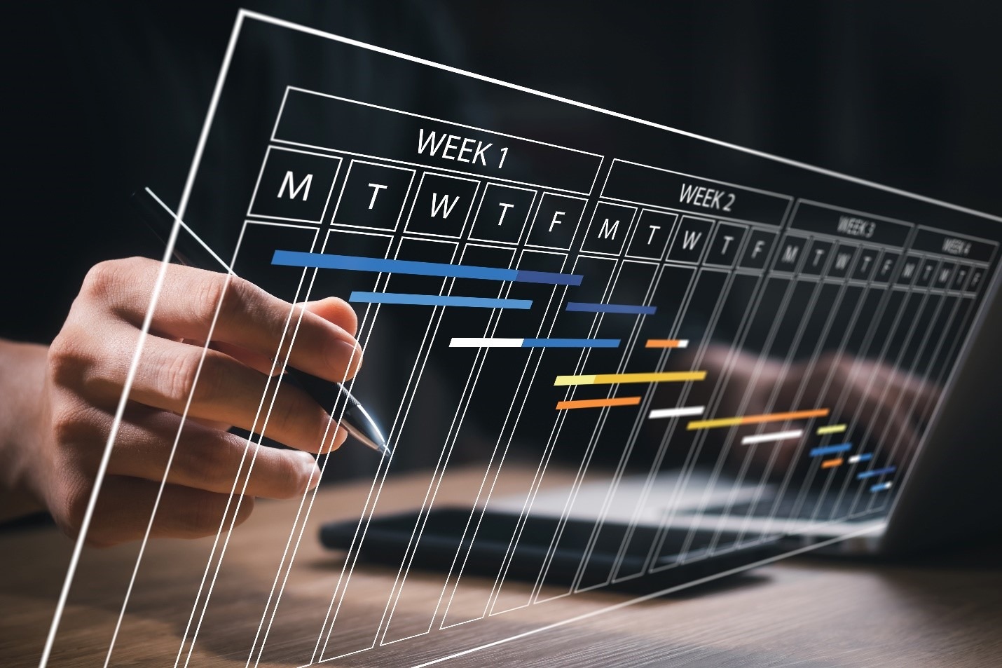 PMIS training in action. Hand using a digital pen to manage tasks and appointments on a transparent calendar. Color-coded schedule shows improved project organization for higher ROI.